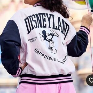 Disney Varsity Jacket Womens Mickey Mouse Pink Black Disneyland Lined Zip NEW